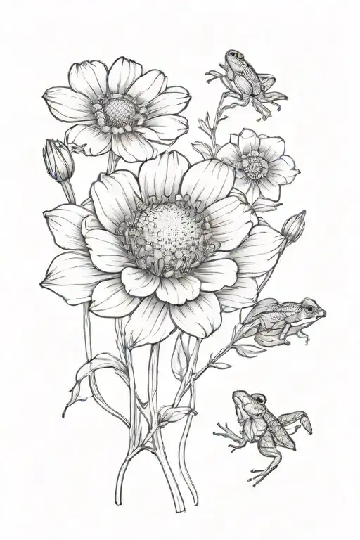 Cosmos And Marigold Flowers With Stems With Small Frog