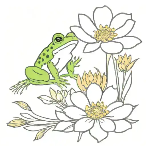 Cosmos And Marigold Flower With Frog Holding