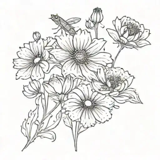 Cosmos And Marigold Flowers With Stems With Small Frog
