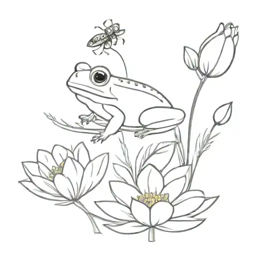 Cosmos And Marigold Flowers With Stems With Small Frog