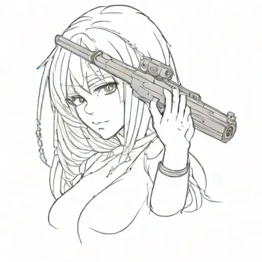 Anime Girl With Long Dark Hair And Fringe Holding A Gun