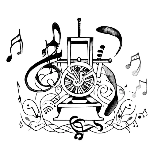 A Watercolor Design Of A Printing Press With Musical Notes Intertwined