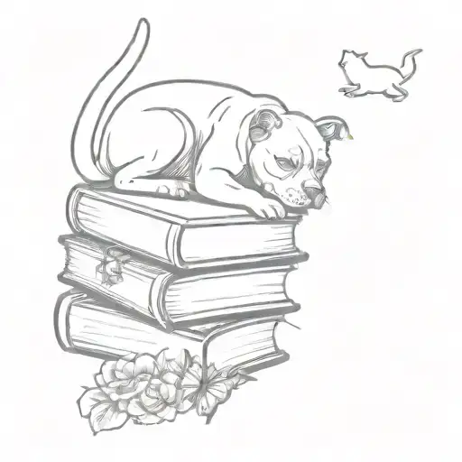 A Stack Of Books With A Pitbull And A Cat Sitting On Top And Butterflies In The Background