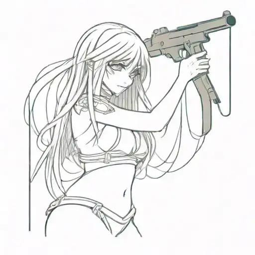 Anime Girl In Bikini With Long Dark Hair And Fringe Holding A Gun