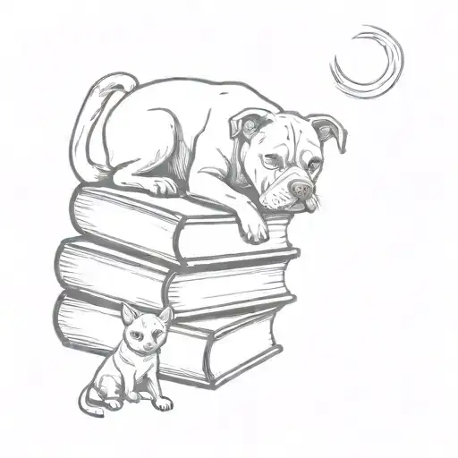 A Stack Of Books With A Pitbull And A Cat Sitting On Top