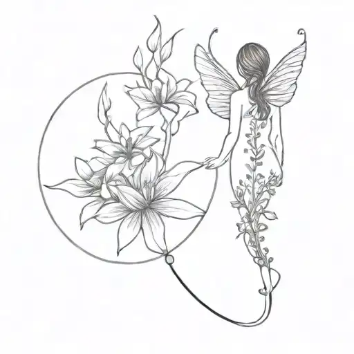 Spine Tattoo With Fairy On Top Flowers On Bottom
