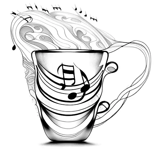A Minimalist Tattoo Of A Sunset Over A Coffee Mug With Steam Forming Musical Notes
