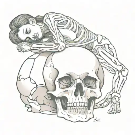 Skeleton Lying With Woman On Top Of His Skull Without Clothes