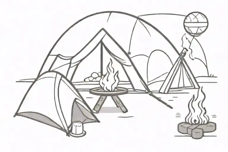 2 Marshmellows Roasting Marshmellows Sitting Next To A Campfire With A Dome Tent In The Background