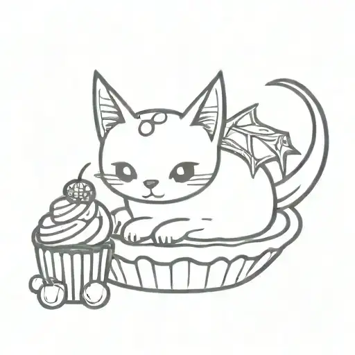 Gothic Bat Cat Sitting On A Cupcake With Sprinkles And A Cherry Skull On Top