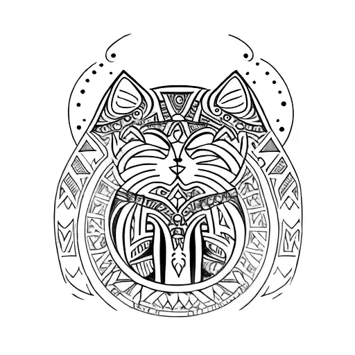 A Tribal-inspired Tattoo Of A Cat Surrounded By Gothic Symbols