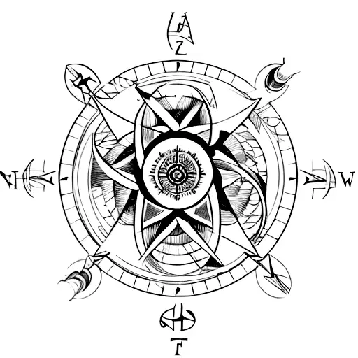 An Intricately Designed Compass Rose Surrounded By Waves And A Ship's Wheel