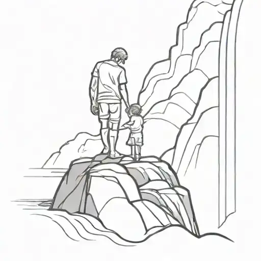 Father And Son Standing On Top Of Rocks In The Middle Of A Waterfall