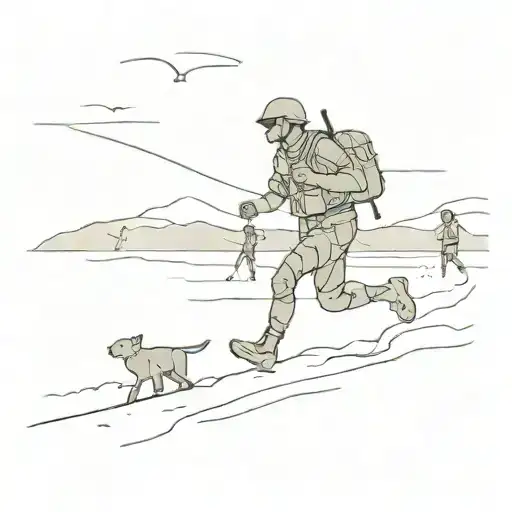 A Minimalist Silhouette Of A Soldier Running On The Beach With His Family In The Background