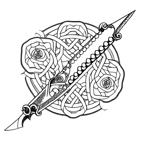 Sword With A Branch Wrapped Around It With Magnolias That Have Rpg Dice In Their Center