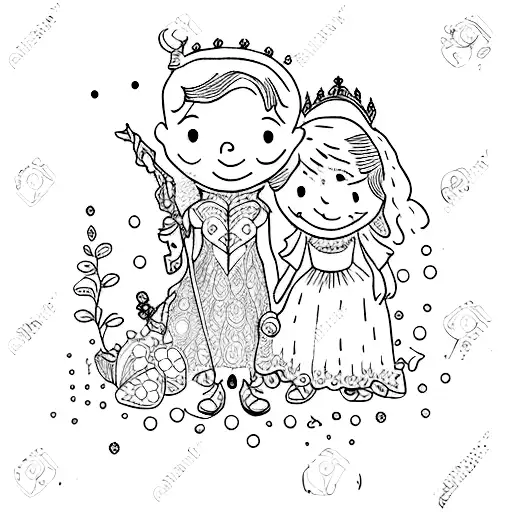 A Dotwork Tattoo Of The Kids As Characters From Their Favorite Fairytale