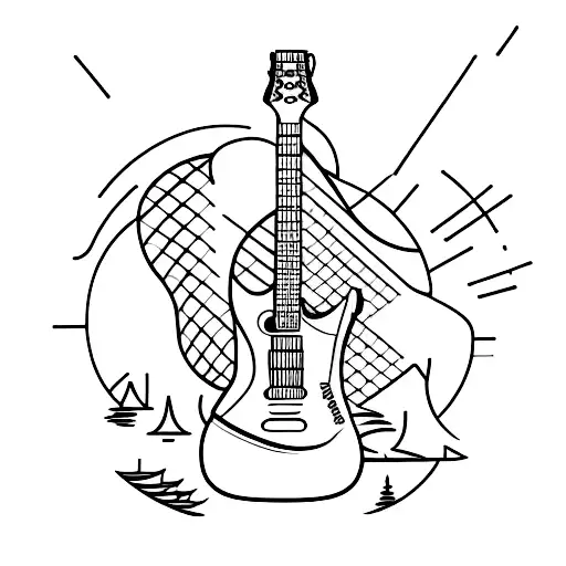 A Minimalist Tattoo Of A Guitar Nestled Within The Silhouette Of Mountains