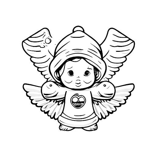 Minimal Baby Angel Cherub Wearing Beanie Holding Ak47 With Wings Black And White Outline Line Work