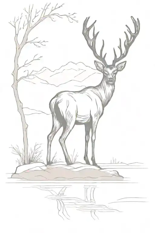 Back Of Faded Out Deer Above A Lake