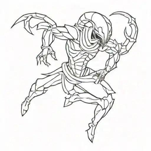 A Scorpion Warrior From An Anime Series In A Dynamic Pose Tattoo Design