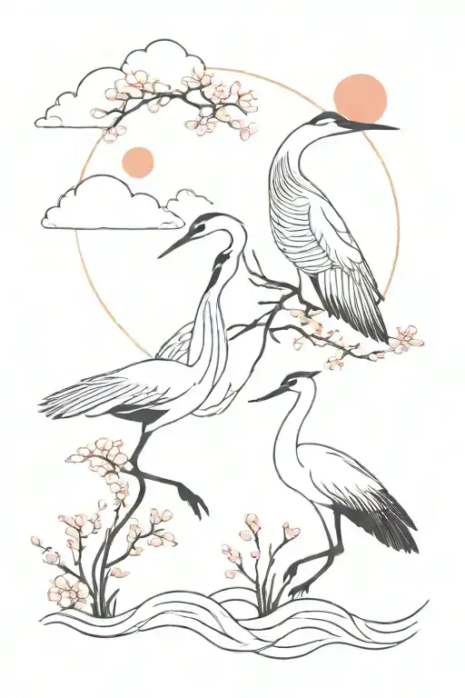 Two Red-crowned Cranes Fly In The Haze Around The Sun With Sakura Flowers