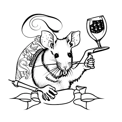 A Blackwork Tattoo Of A Rat Holding A Wine Glass With A French Flag In The Background