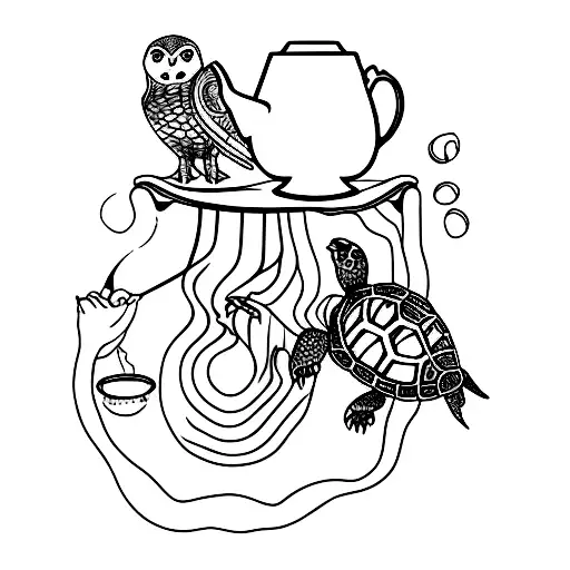 Turtle Drinking Tea An Owl Drunking Coffee