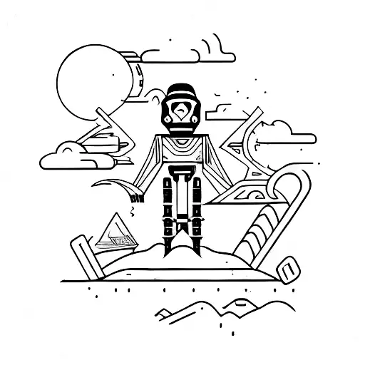 A Minimalist Tattoo Of A Ghostly Figure Exploring Ancient Ruins On A Distant Planet