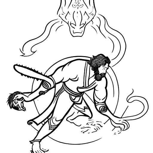 A Fantasy Scene With A Jiu Jitsu Warrior Battling A Mythical Creature
