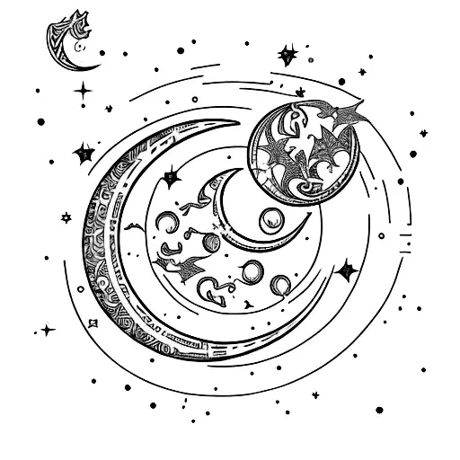 Crescent Moon With Draco Constellation And Cygnus Constellation