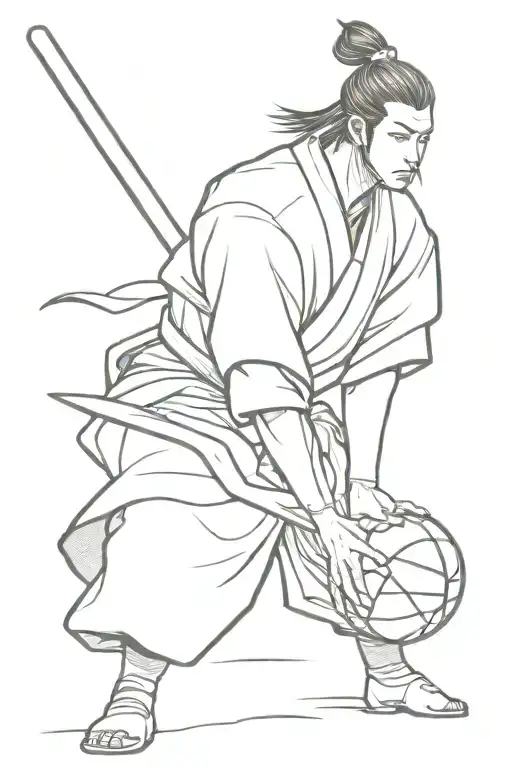 A Sketch Of A Samurai Holding A Basketball As If It Were A Weapon