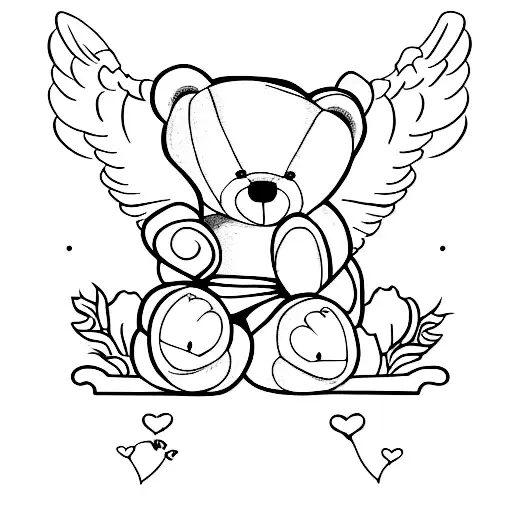 Fine Line Simple Style Of Teddy Bear With Angel Wings
