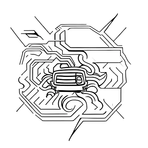 A Minimalist Tattoo Of A Car Engine With Flames Coming Out