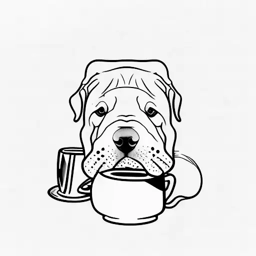 A Minimalist Tattoo Of A Sharpei Dog Holding A Coffee Mug