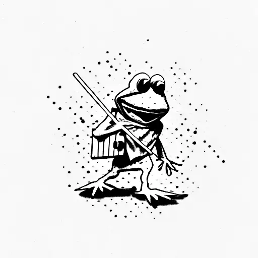 Black And White Kermit The Frog Holding A Suitcase And Walking Minimalistic