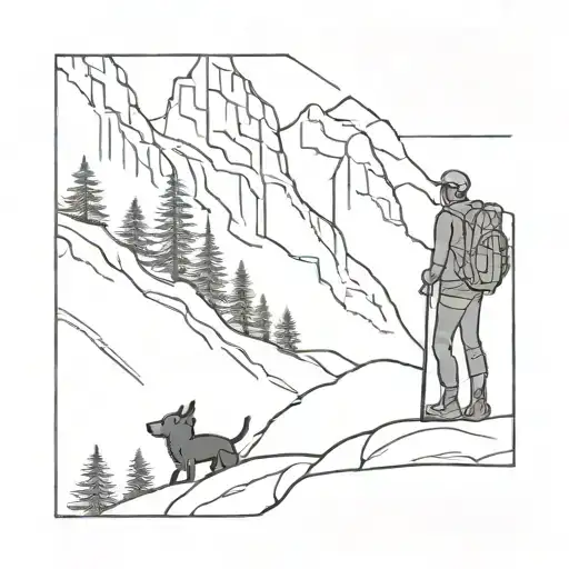 A Minimalist Silhouette Of A Hiker On A Mountain Trail With Their Dog Beside Them
