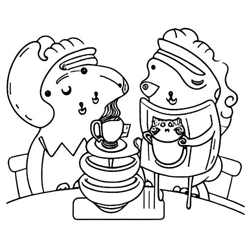 A Whimsical Coffee Shop Scene With Animals Serving Coffee And Cherubs Reading Books