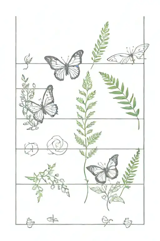 Fine Line Straight Down The Spine Tattoo With Flowers And Ferns And Butterfly's And Stara