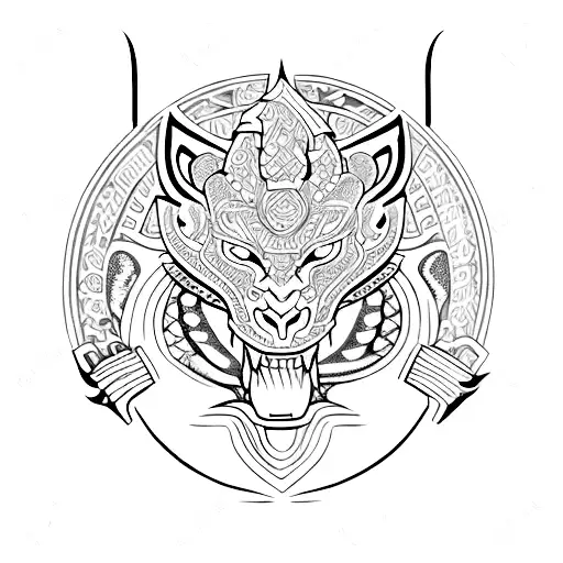 A Blackwork Tattoo Of A Maya Warrior With A Dragon And Jaguar Motifs