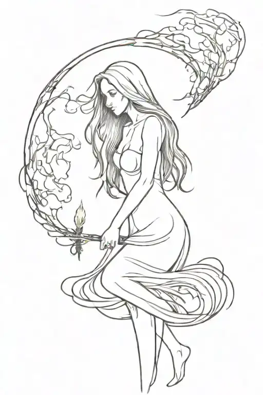 Witch Burning At The Stake In A Dress With Long Hair