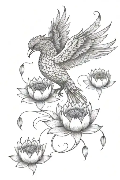 Phoenix Surrounded By Small Water Lilly Flowers