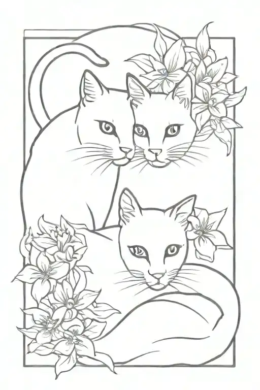 Black Cat And Snowshoe Siamese Cat With Lilys