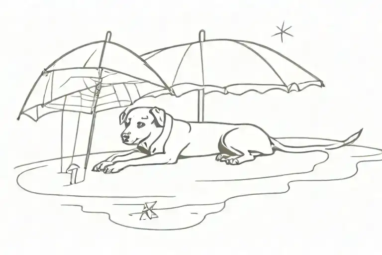 Dog On Beach Lying Under Beach Bed And Beach Umbrella