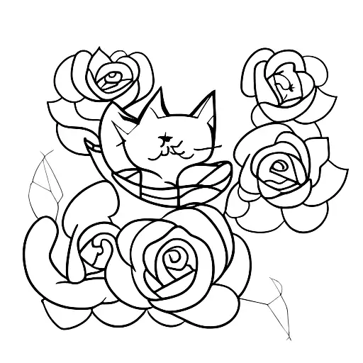A Cat Sitting On A Bed Of Black Roses With A Minimalist Touch