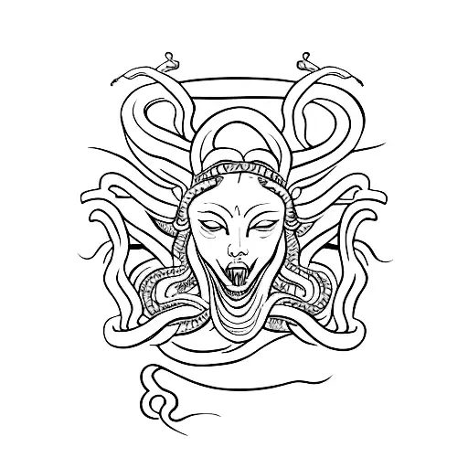 A Minimalist Tattoo Of Medusa's Face With A Snake Forming The Shape Of A Sword Behind Her