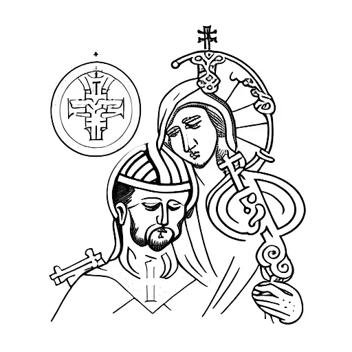 A Dotwork Tattoo Of A Tribute To The Christian Religion With A Crying Saint