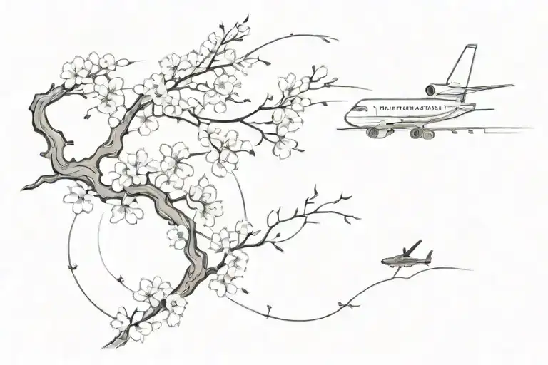 Plane Flying In The Sky Whilst A Horse Chases Behind Through Cherry Blossoms