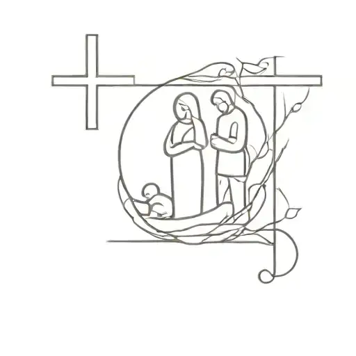 Family Of 4 With Pregnant Wife Praying To A Cross Shaped Gravestone