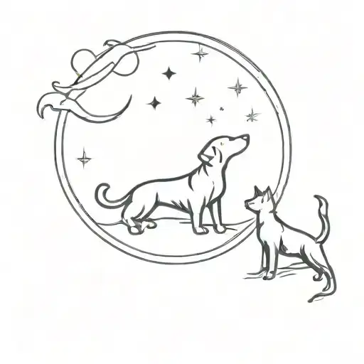Dog And Cat Under The Moon Surrounded