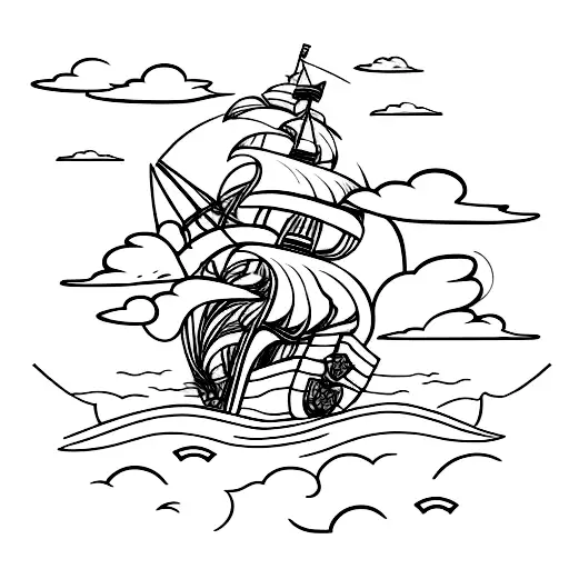 A Pirate Ship Navigating Through Treacherous Waters With Thunderclouds Overhead